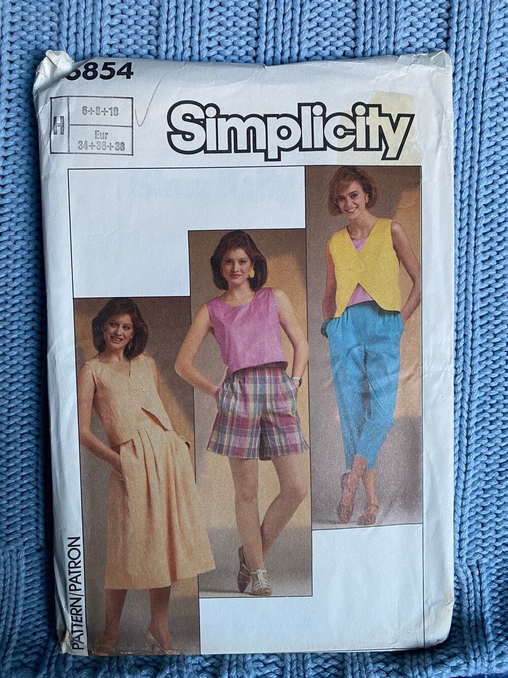 Simplicity 6854 Sewing pattern top cropped pant shorts 1980s size 6 8 10